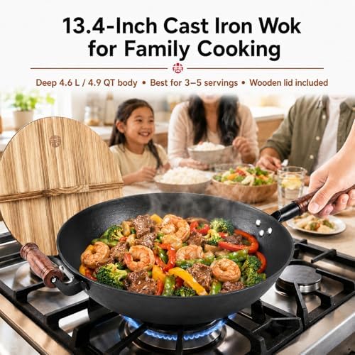 WANGYUANJI 12.6 Inch Cast Iron Wok with Wooden Lid, Handcrafted Flat Bottom Chinese Stir Fry Pan, Uncoated Heavy-Duty Iron Wok for Induction, Gas