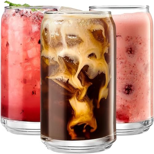 Le'raze Set of 6 Patented Can Shaped® Drinking Glasses - 16oz Clear Goblet Glass Cups for Margarita, Cocktails, Iced Coffee, Tea, Soda, Whiskey