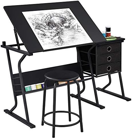 Topeakmart Height Adjustable Drafting Table Art Craft Desk Work Station Hobby Design Studio Tiltable Tabletop Drawing Desk with Stool & Storage