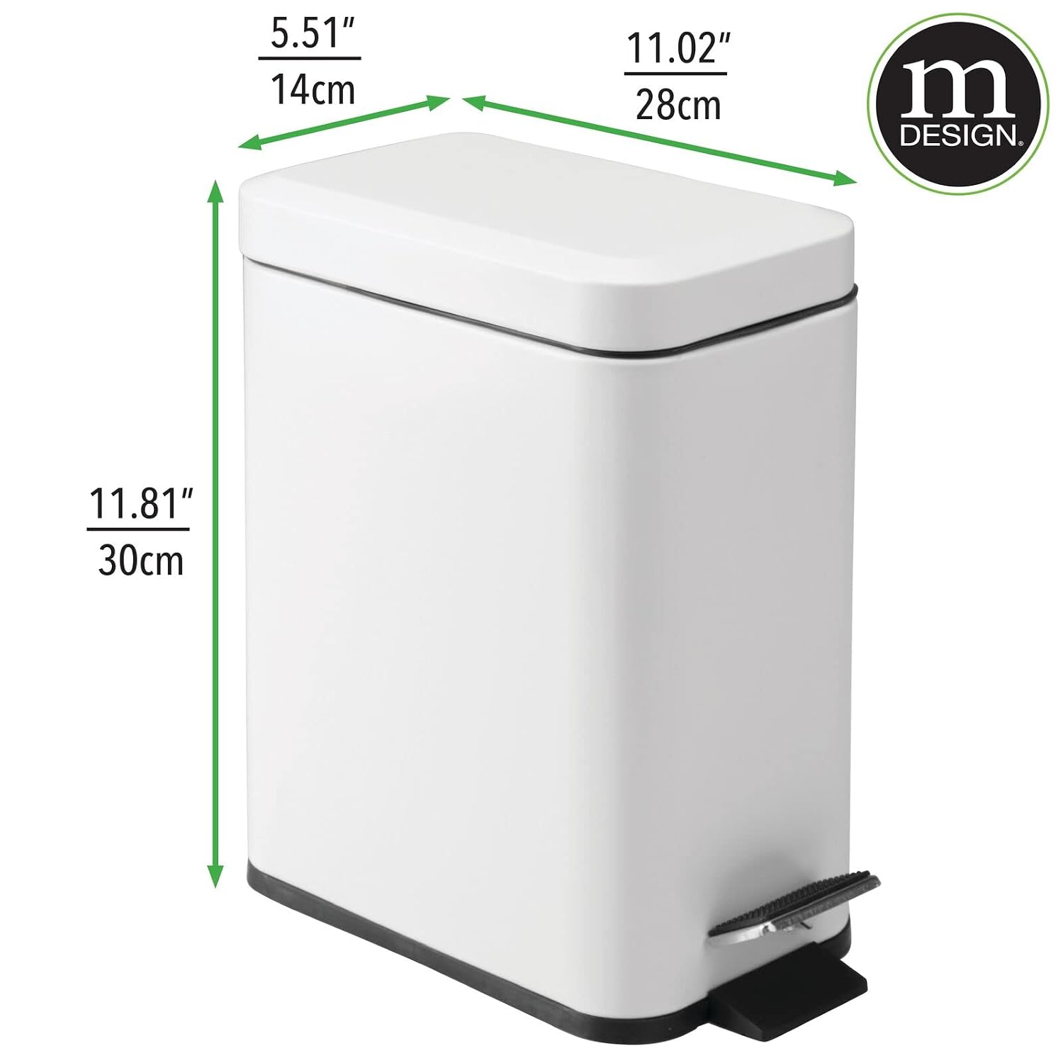 mDesign Metal Freestanding Slim Toilet Bowl Brush and Holder + Rectangle Narrow 5 Liter / 1.3 Gallon Step Pedal Trash Can Wastebasket for Bathroom