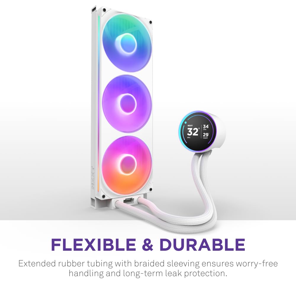 NZXT Kraken Elite 360 RGB - 360mm AIO CPU Cooler, LCD - White | 360mm RGB AIO with 2.36-inch LCD and F360 RGB Core fan. Flagship display cooling with synced RGB via CAM.