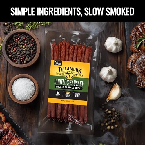 Tillamook Country Smoker Hunter’s Sausage Smoked Sausage, 16 Oz, 36 Ct, Bulk Pack, Real Hardwood Smoked Beef Meat Sticks, 8g Protein