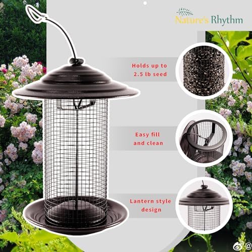 Outdoor Metal Mesh Bird Feeder, Cylindrical Metal Mesh Feeder with Dome Lid Feeder, Holds 2.5lb of Seed, Suitable for Multiple Seeds