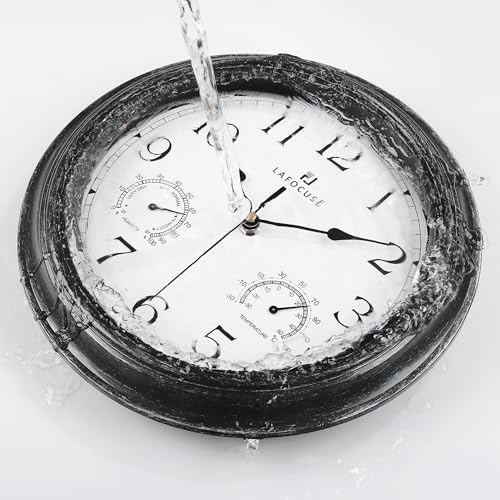Lafocuse 12 Inch Brown Outdoor Wall Clocks with Temperature and Humidity