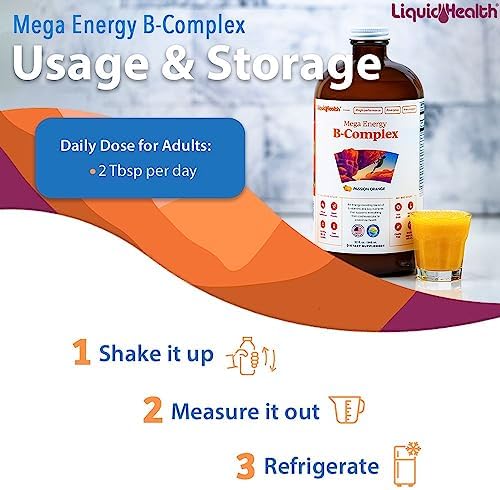 LIQUIDHEALTH Mega Energy Methylated B-Complex, Adult Liquid Vitamin Supplement - Increase Energy, Relieve Stress & Fatigue, Immune Support, Heart & Gut Health - Made in USA, Vegan, Sugar-Free (32 oz)