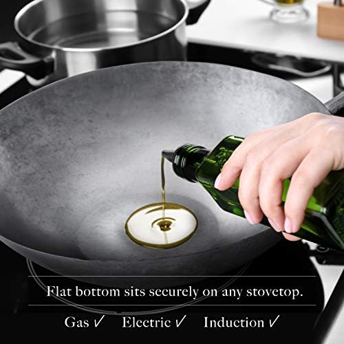 Flat Bottom Carbon Steel Wok Pan - Authentic Hand Hammered Woks and Stir Fry Pans - 14" Pow Wok