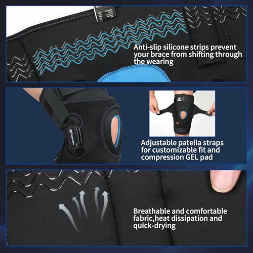 TIMTAKBO Large Hinged Knee Brace With Side Stabilizers for Men Women | Knee Support Brace with Patella Gel Pad,Silicone Anti-Slip,Adjustable Open Back for Meniscus Tear, Arthritis,Knee Pain,Sports
