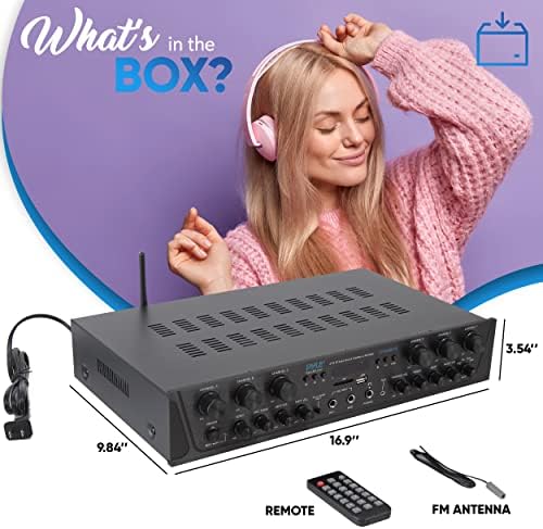 Pyle Bluetooth Home Audio Amplifier - 6 Channel Stereo Receiver Amp, 600 Watt Power, Commercial or Karaoke with Mic Talkover, Headphone Jack