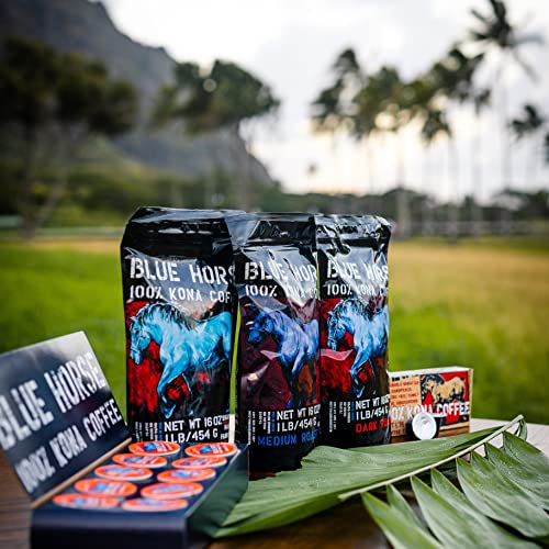 Blue Horse 100% Kona Coffee Pods, Medium Roast, 10ct Single Serve, Compatible with K Cups 2.0, Farm Fresh, Authentic Arabica Beans from Hawaii’s Big Island with a Smooth, Rich Flavor