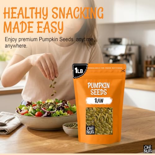 Oh! Nuts Raw Pumpkin Seeds Unsalted Pepitas 1 Pound - 100% Natural | Raw pumpkin seeds unsalted - 100% natural organic pepitas to eat - No shell - Packed in NY - Resealable zip-seal bag