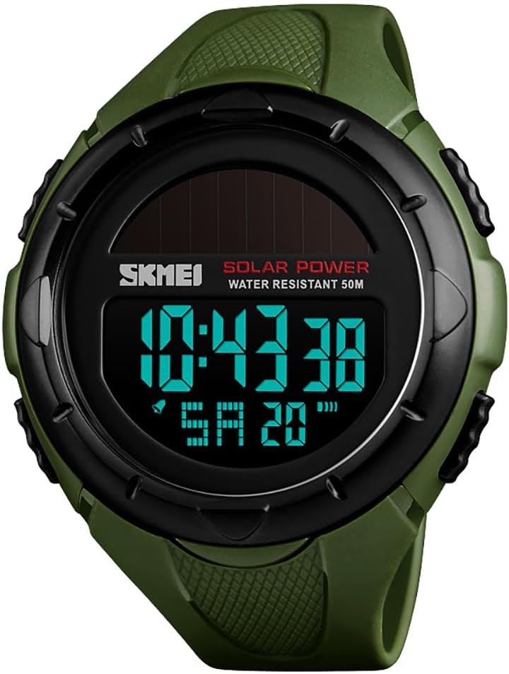 MASTOP Solar Powered Energy Watch for Men Military Digital Multifunctional Led Luminous Indication 2 Time Zone 50m Waterproof Watch Reloj Solar para Hombre