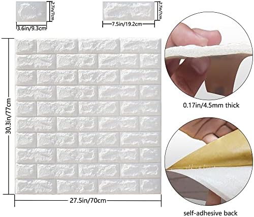MYOYAY 10 Pcs 3D Wall Panels Peel and Stick 27.5 x 30.3 Inch (in Sum 57 sq.ft.) White Brick Wallpaper Self-Adhesive Foam Wall Panels for Living Room