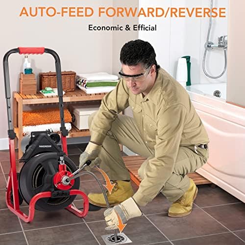 PIONEERWORKS 75Ft x 1/2 Inch Drain Cleaner Machine, Auto-feed Electric Drain Auger Professional for 2 to 4 Inch Pipes, with 6 Cutters, Glove