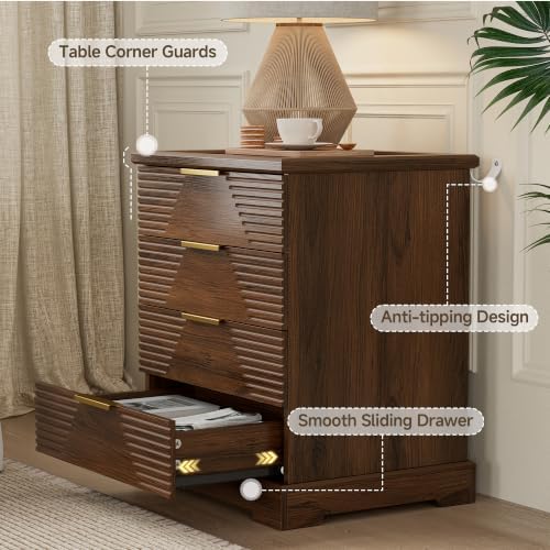 Gyfimoie Tall Nightstand with 4 Drawers Walnut Fluted Bedside Table | Stylish Fluted Design, Rich Walnut Finish, Gold Bar Pulls