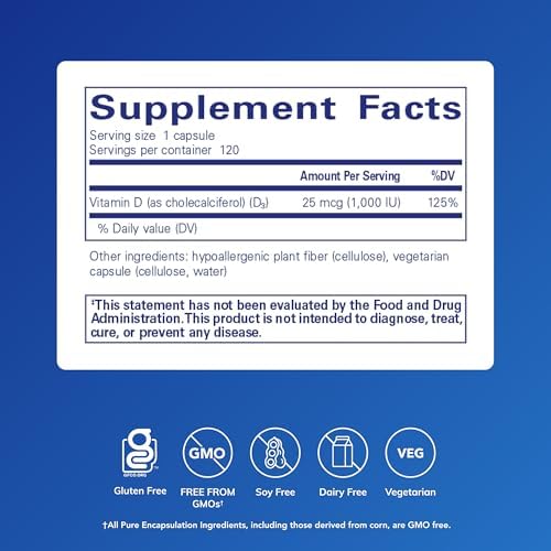 Pure Encapsulations Vitamin D3 25 mcg (1,000 IU) - Supplement to Support Bone, Joint, Breast, Heart, Colon & Immune Health* - with Premium Vitamin D - 120 Capsules | Supplement to Support Bone, Joint, Breast, Heart, Colon and Immune Health*, with Premium…