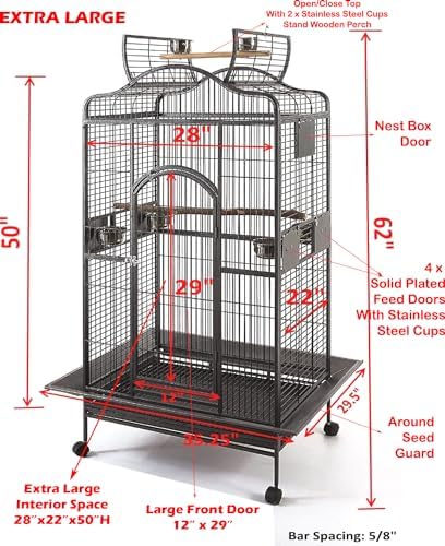 Extra Large Wrought Iron Open/Close Play Top Bird Parrot Cage, Include Metal Seed Guard Solid Metal Feeder Nest Doors Overall Dimensions: 35.25" Wx29.5"x62"H(with Seed Skirt)