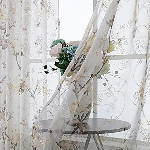 Tollpiz Floral Grey Sheer Curtain Flower Print Vine Embroidery Bedroom Curtains Rod Pocket Voile Window Curtain for Living Room, 54 x 84 inches Long