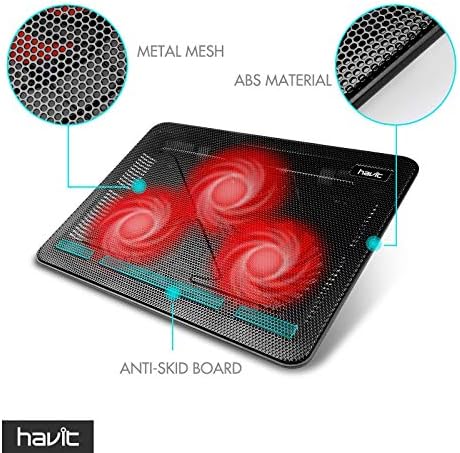 havit HV-F2056 15.6"-17" Laptop Cooler Cooling Pad - Slim Portable USB Powered (3 Fans), Black/Blue | Three quiet USB-powered fans circulate air below the laptop, two height settings improve viewing and typing comfort