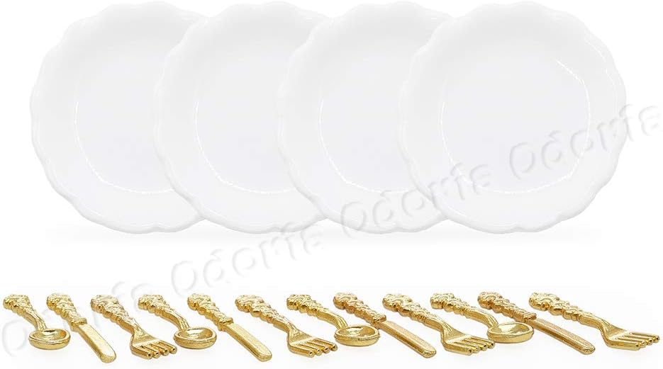 Odoria 1/12 Miniature Plates and Silverware Knife Fork Spoon Set Dollhouse Accessories, Silver
