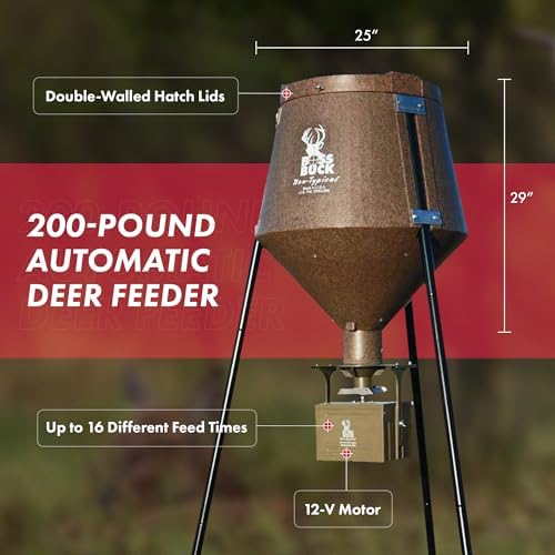 BOSS BUCK 200 LB Deer Feeder/Hunting Durable Lightweight Plastic UV Protected Waterproof Game Feeder with 12V Spinner Automatic Delivery System & Multi-Piece Legs