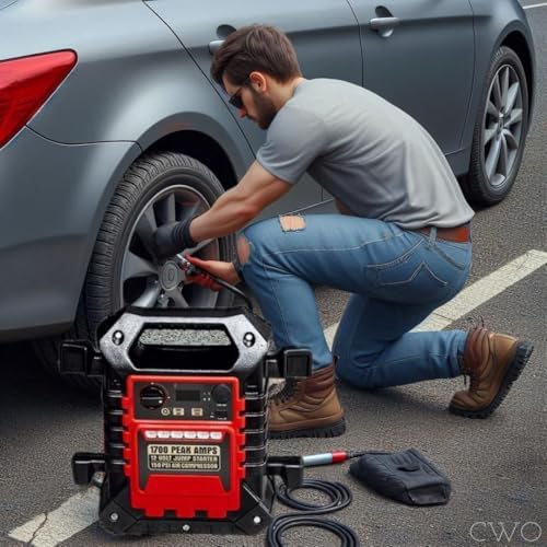 Fits Viking 1700 Peak Amp Portable Jump Starter & Power Pack with 150 PSI Air Compressor - High Cranking Amps, 2 AWG Cables