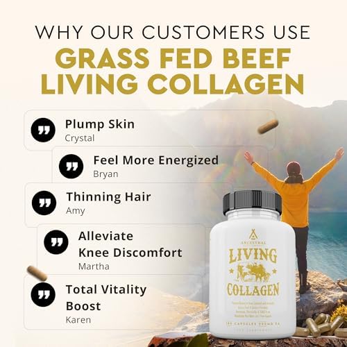 Ancestral Supplements Grass Fed Beef Living Collagen Capsules, 180 Ct | Type II collagen peptides complex in convenient capsules supports healthier