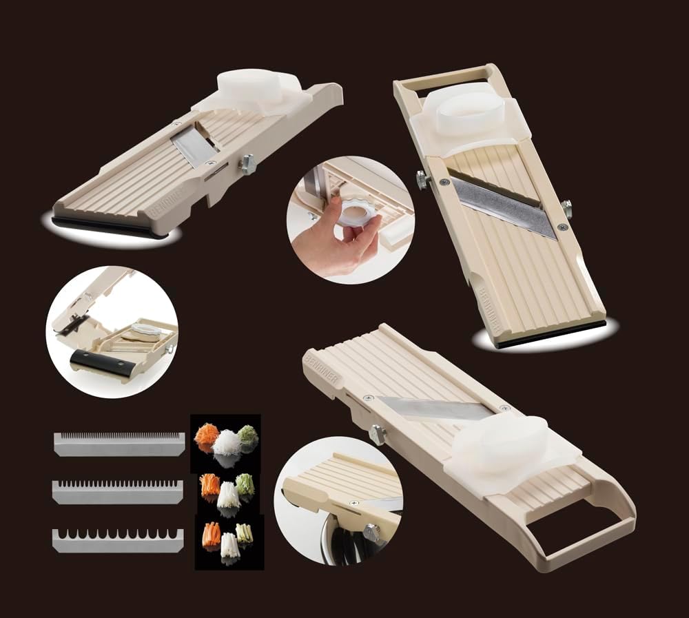 Benriner Mandoline Slicer with 4 Blades, Japanese Stainless Steel, BPA Free, 12.75 x 3.625-Inches, Beige