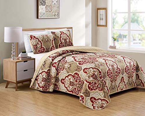 Luxury Home Collection 3 Piece Full/Queen Quilted Reversible Coverlet Bedspread Set Floral Printed Blue Taupe