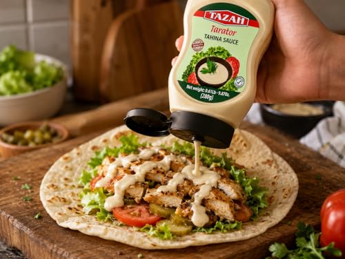 TAZAH Lebanese Tahini Sauce, 9.87 OZ Squeezable Bottle, Tarator Sesame Dressing & Dip for Shawarma, Falafel, Fish, Vegetables