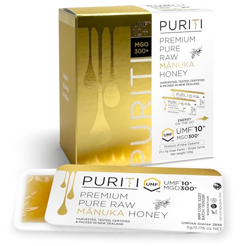 PURITI Genuine Raw Manuka Honey Snaps On The Go - UMF 10+ (MGO300+) 21 x 0.18oz Individual Snap Packets, Single Serve Honey Sticks for Tea
