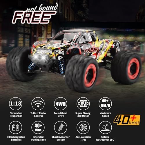 1:16 Scale All Terrain Fast RC Cars for Adults 40KPH, 4WD Electric Off-Road Remote Control Monster Truck with Metal Chassis, 2.4Ghz High Speed Car, Waterproof RC Truck with 2 Batteries for Boys & Kids