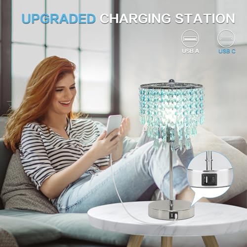 Touch Control Crystal Table Lamp with USB C+A Charging Ports, 3-Way Dimmable Bedside Touch Lamp Decorative Nightstand Lamp with Elegant Lampshade for Living Room Bedroom, B11 LED Bulb Included