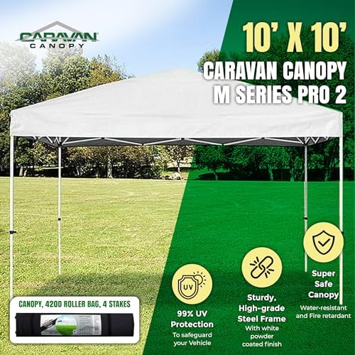 Caravan Canopy 12 by 12 Foot Polyester Straight Steel Leg Instant Pop Up Canopy Tent with Adjustable Height for Outdoor Events, Blue | 150D polyester top with 99 percent UV protection, 3 height settings to 9 ft, steel frame, roller bag and 4 stakes