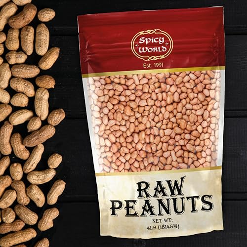 Spicy World Peanuts Raw Whole With Skin 4 LB Jumbo Bag (64oz) | Uncooked, Unsalted, All Natural, USA Grown Red Skin Spanish Grade