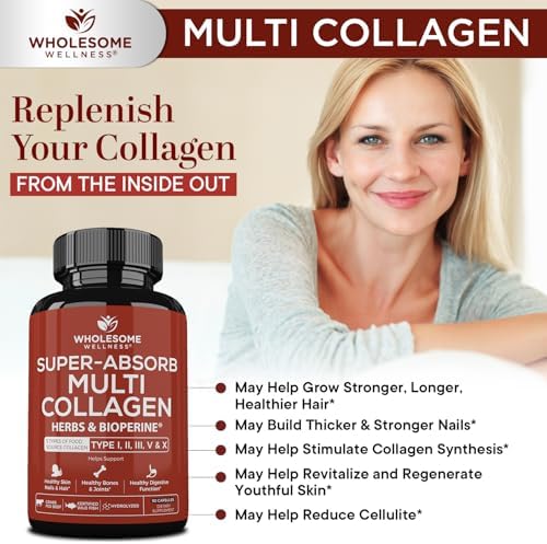 Wholesome Wellness Super-Absorb Multi Collagen Pills (Type I II III V X) Organic Herbs & Bioperine - Hair, Skin