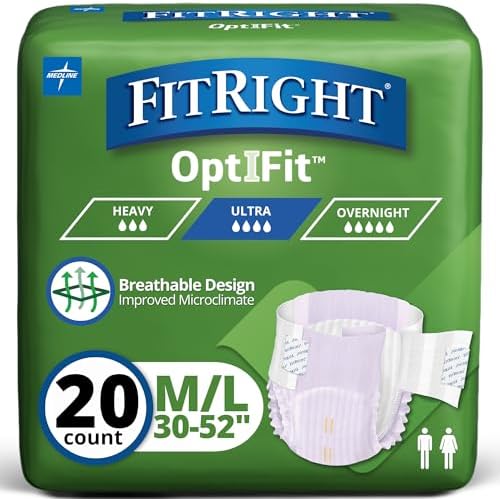 FitRight Stretch Adult Incontinence Briefs with Tabs, Ultra Absorbent, Size 1, 30" to 52", 20 Count