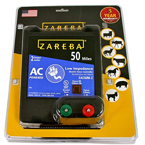 Zareba 50 Mile AC-Powered Low Impedance Electric Fence Charger | 2.0 Joule Output, Contain Cattle, Horses, Pigs, Goats, Use in Heavy Weed Conditions, Lightning Protection, EAC50M-Z