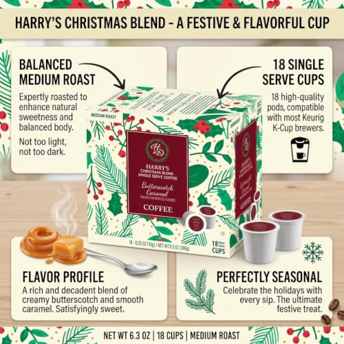 Harry & David Christmas Blend Coffee - Butterscotch & Caramel Coffee - 18 Single Serve Cups