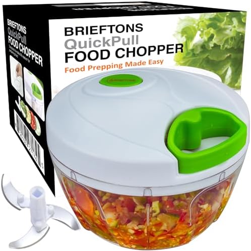 Brieftons QuickPull Manual Food Chopper, 4-Cup Hand Pull String Chopper, No Electricity, Chops Onion Tear-Free, Garlic, Vegetables, Herbs, Nuts for Salsa, Guacamole, Pesto, Baby Food, RV, Camping