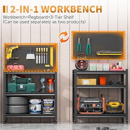 32" H Metal Garage Workbench with Wheels,3-Tier Garage Roling Tool Work Bench,Adjustable Heavy Duty Work Table on Wheels,Black Mobile Garage Workstation for Warehouse Workshop,Screwless Design