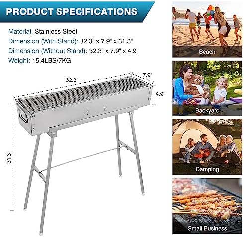 IRONWALLS Portable Charcoal Grills Outdoor with Stand 32"(L) x8"(W) x32"(H) | Stainless Steel Foldable Barbecue Grill Stand Charcoal