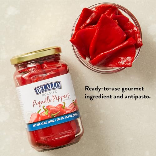 DeLallo Roasted Piquillo Peppers, 12 oz. Jar, (12 Pack), All Natural, Gluten Free, Ready-To-Use, Vegan, Kosher, Sweet Smoky Flavor Red Peppers