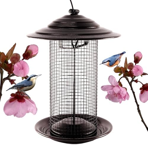 Outdoor Metal Mesh Bird Feeder, Cylindrical Metal Mesh Feeder with Dome Lid Feeder, Holds 2.5lb of Seed, Suitable for Multiple Seeds