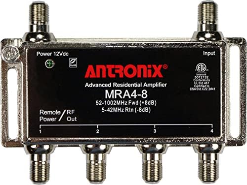 Antronix MRA4-8 Reliable Cable 4-Port TV/Antenna/HDTV/Internet Digital Signal Amplifier/Booster/Splitter with Passive Return, Black Coax Power Cable