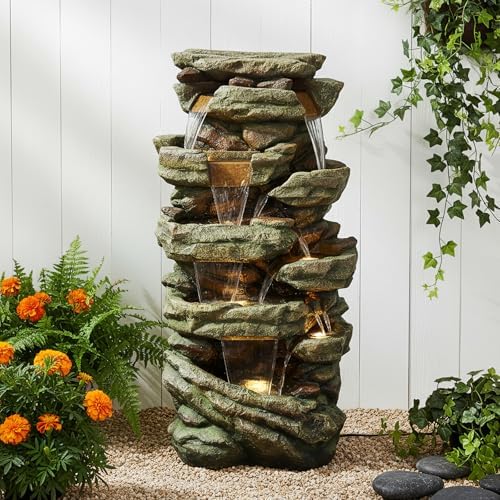 SunJet 40.5” High Rocks Outdoor Water Fountain - 6-Tiers Cascading Waterfall with LED Lights, Soothing Tranquility for Home Garden, Yard Decor