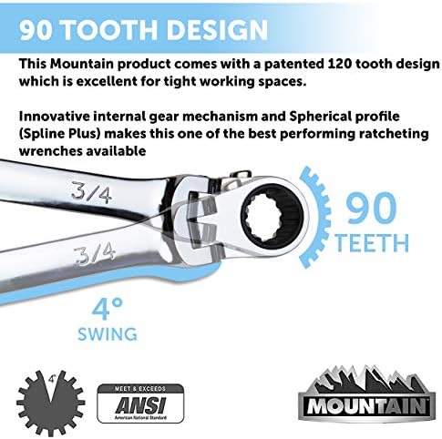 Mountain RF7 SAE Reversible Double Raised Box Ratcheting Wrench Set, Universal Spline, 90 Tooth Design, 180 Degree Rotating Head, Sizes 5/16", 3/8"