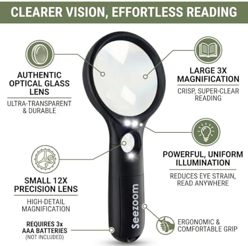 SeeZoom Magnifying Glass with Light, 3X Large Lens + 12X High Power Lens, Lighted Magnifying Glass Handheld Reading Magnifier for Seniors, Small Print