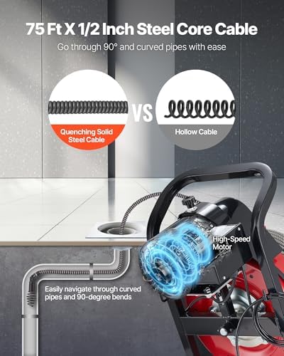 VEVOR Drain Cleaner Machine 75 FT x 3/8 Inch, Sewer Snake Auger Manual Feed with 4 Cutters & Air-activated Foot Switch for 2" to 4" Pipes