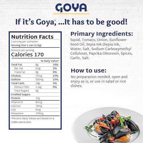 Goya Calamares Tinta Squid, Ready to Eat Seafood, Salads, 4 oz. Pack of 3 | Ready to Eat Seafood for Tapas, Pasta, Rice and Salads