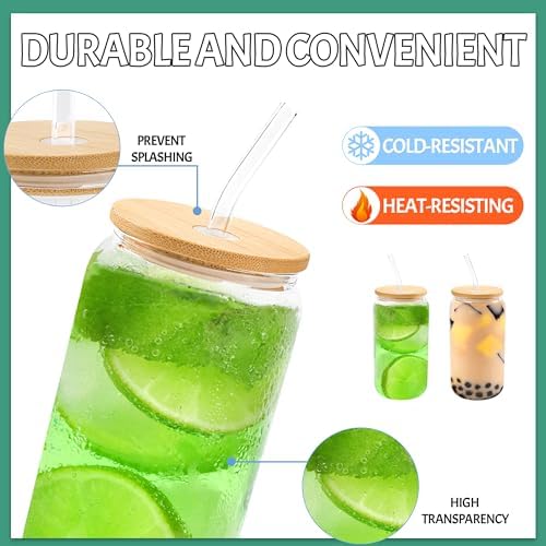 Joyclub 20Pcs Glass Cups with Bamboo Lids and Straws Bulk 16 oz Can Shaped | Clear drinking glasses include 20 cleaning brushes